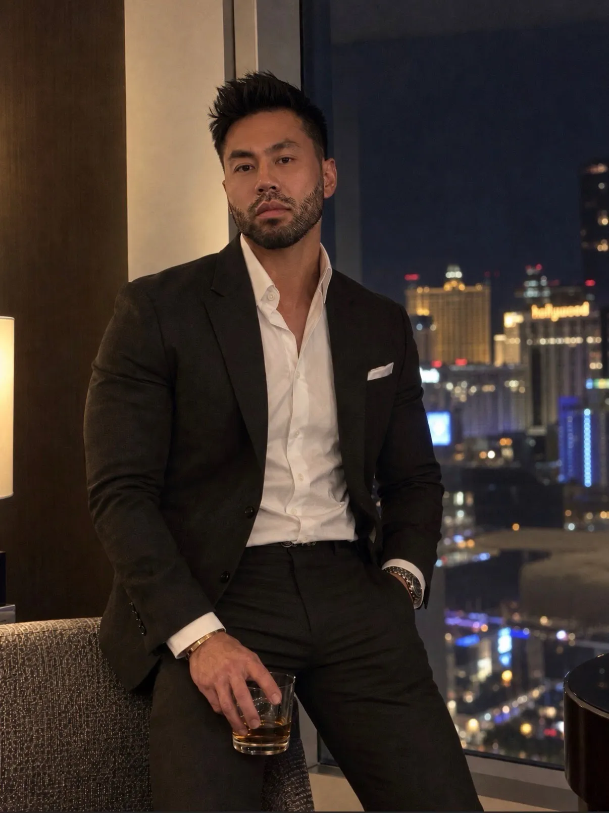 Pittaya Lisawasd in a dark suit in front of the Las Vegas skyline at night